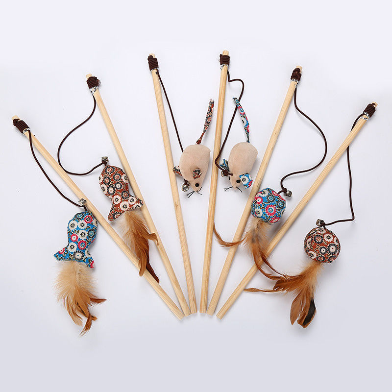 Cat Pet Toys Teaser Stick a forma di pollo con i giocattoli di legno della piuma per i gatti