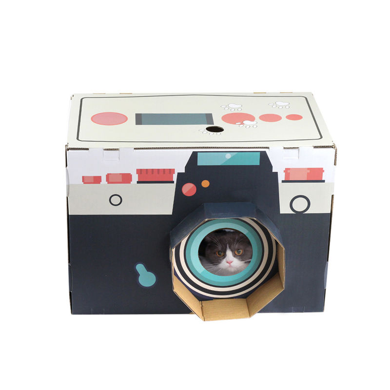 Cat House Scratcher Retro Camera modella Cat Lounge con il letto Scratcher della caverna del cartone ondulato del blocco appunti