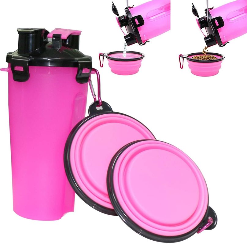 erogatore portatile all'aperto della bottiglia di acqua dell'animale domestico 350ml con 2 ciotole pieghevoli del silicone