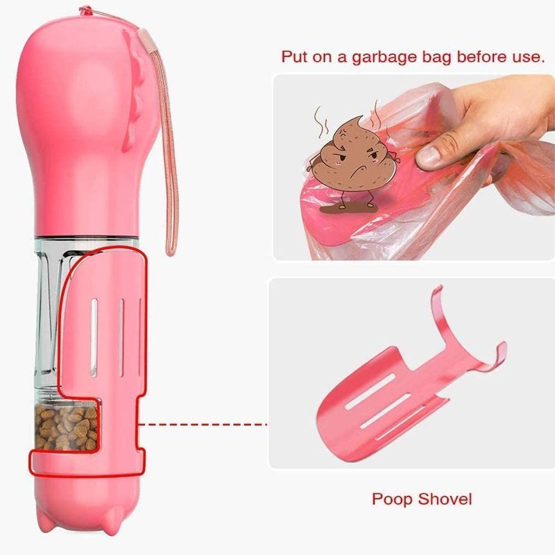 Bottiglia di acqua rosa a perfetta tenuta portatile del cane 4 In1 con il contenitore di alimento &amp; la borsa residua