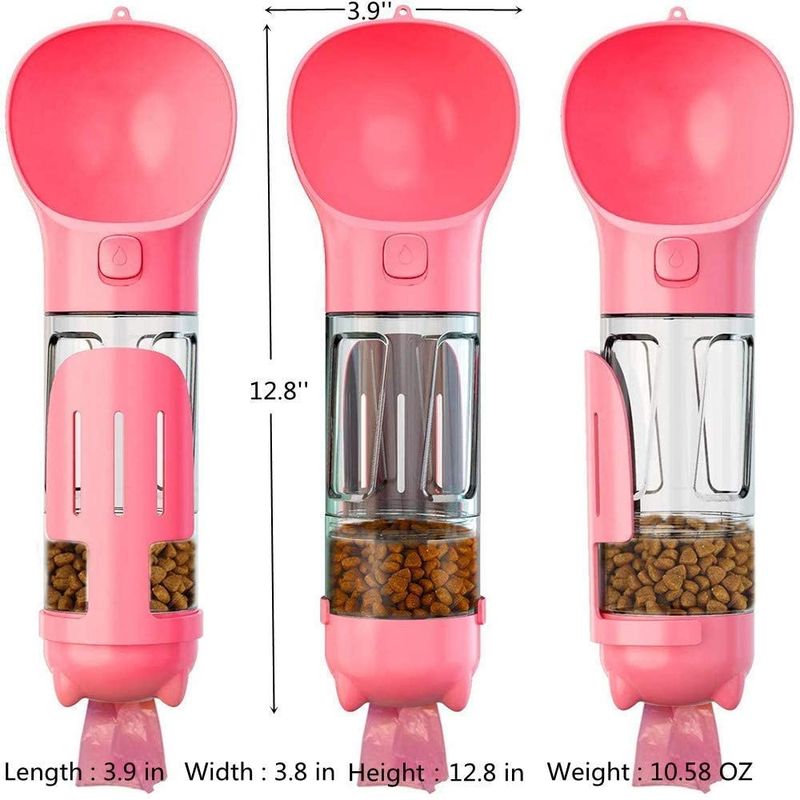 Bottiglia di acqua rosa a perfetta tenuta portatile del cane 4 In1 con il contenitore di alimento &amp; la borsa residua